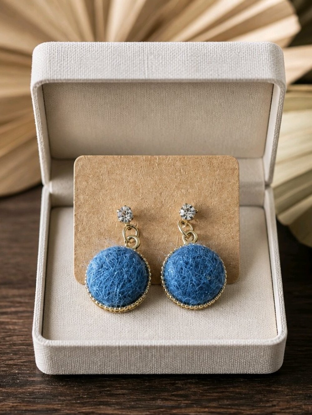 Vintage Blue Wool Dome & Crystal Rhinestone Pierced Earrings